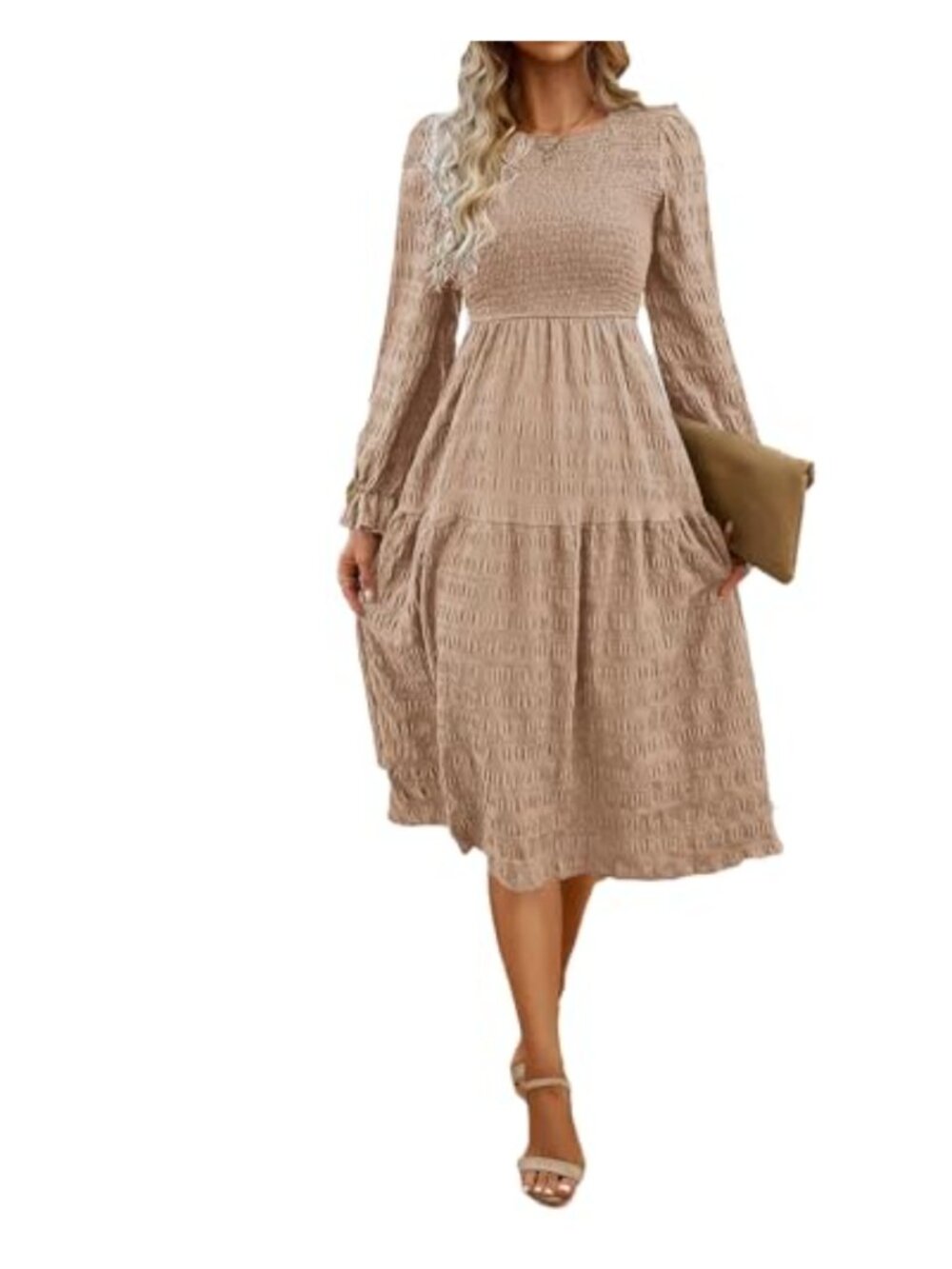 Boho Smocked High Waist A-Line Midi Dress Long Sleeve Fall